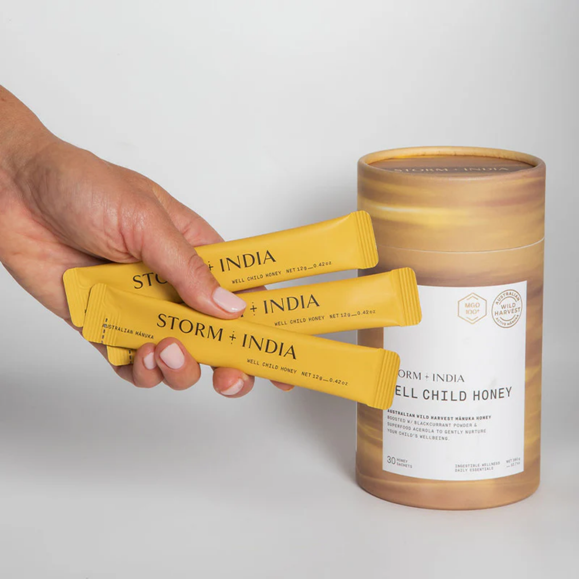 Sachet image of Storm + India Well Child Honey 360g box with 30 sachets, Manuka honey blend with blackcurrant and acerola