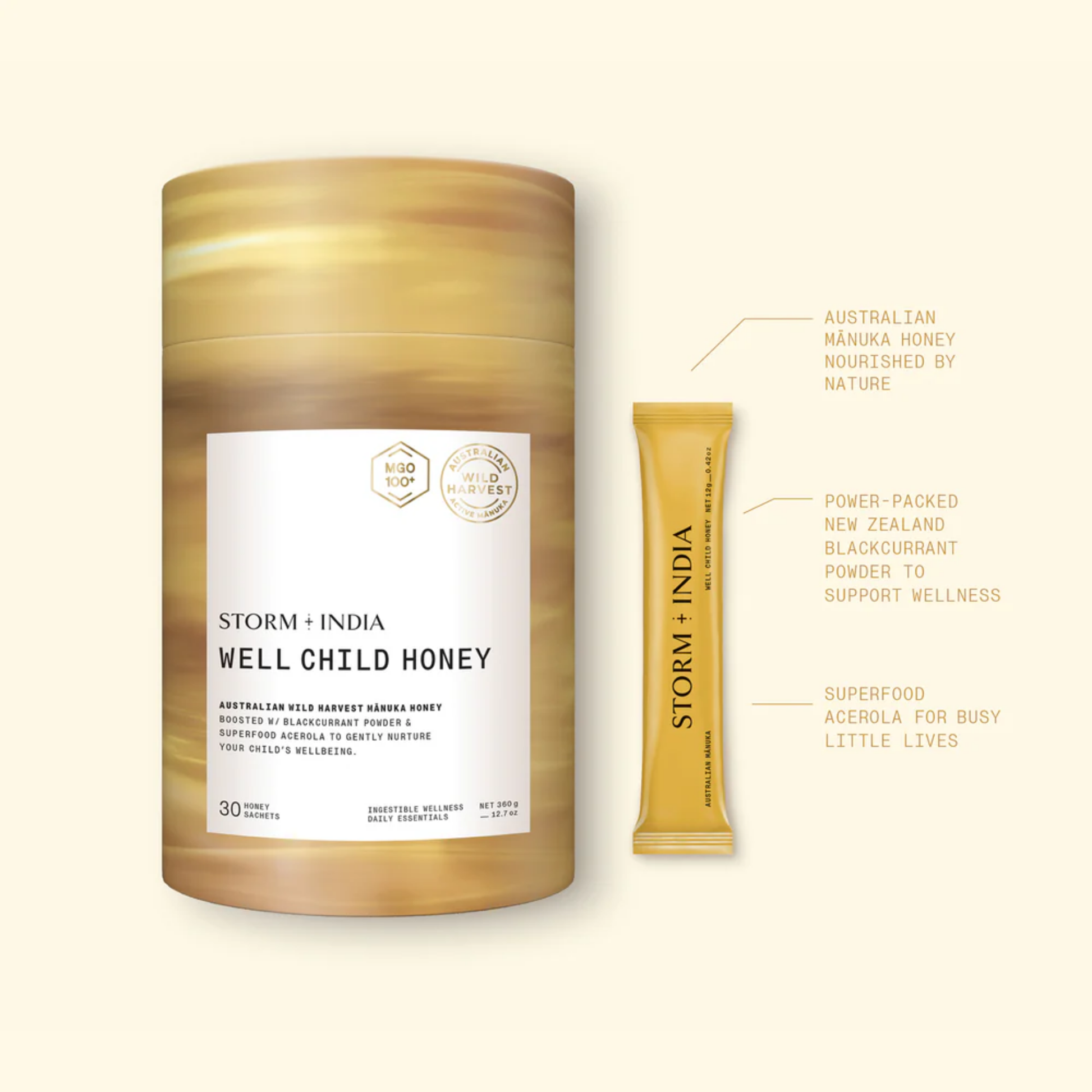 Sachet + container view of Storm + India Well Child Honey 360g box with 30 sachets, Manuka honey blend with blackcurrant and acerola