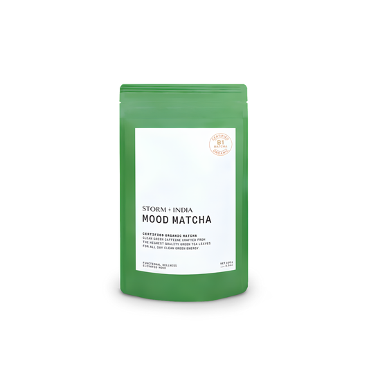 Front view of the Storm & India Mood Matcha grown on pristine organic farms, shaped by volcanic soils and warm ocean air in Pouch 100g