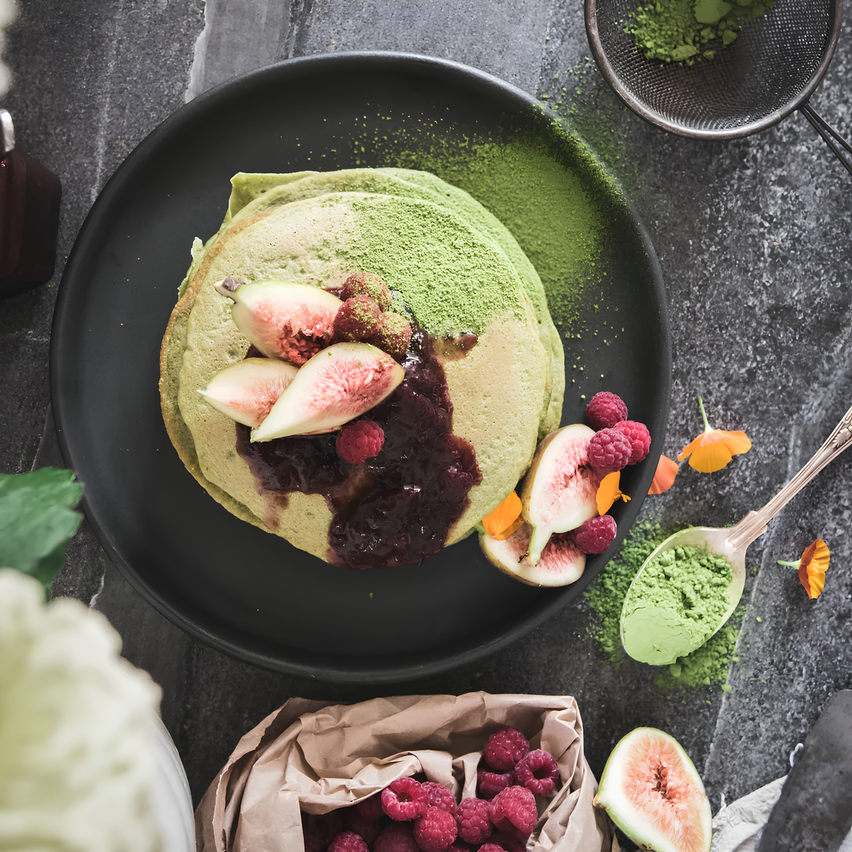 Matcha powder on the pancakes, from Storm & India Mood Matcha grown on pristine organic farms, shaped by volcanic soils and warm ocean air in Pouch 100g