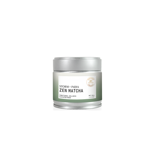 Front view of the Storm & India Matcha in Tin 30g Zen Matcha organic ceremonial grade, clean green caffeine.