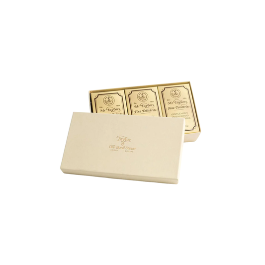 Bath soap pack of 3 packaging box front view with lid open on angle showing soap inside