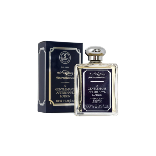 Shown with its packaging Taylor of Old Bond Street Mr Taylor Aftershave Lotion 100ml - Classic Men's Aftershave Lotion - Glass Bottle with Fresh Fougere Scent of Lavender, Bergamot, and Cedarwood - Soothing, Pore-Tightening, and Skin-Toning Lotion Made in England