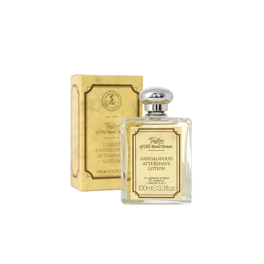 Shown with its packaging Taylor of Old Bond Street Sandalwood Aftershave Lotion 100ml - Classic Men's Aftershave Lotion in Glass Bottle - Warm, Woody Sandalwood Scent with Notes of Lavender, Amber, and Patchouli - Alcohol-Based Formula that Soothes and Reduces Irritation - Made in the UK