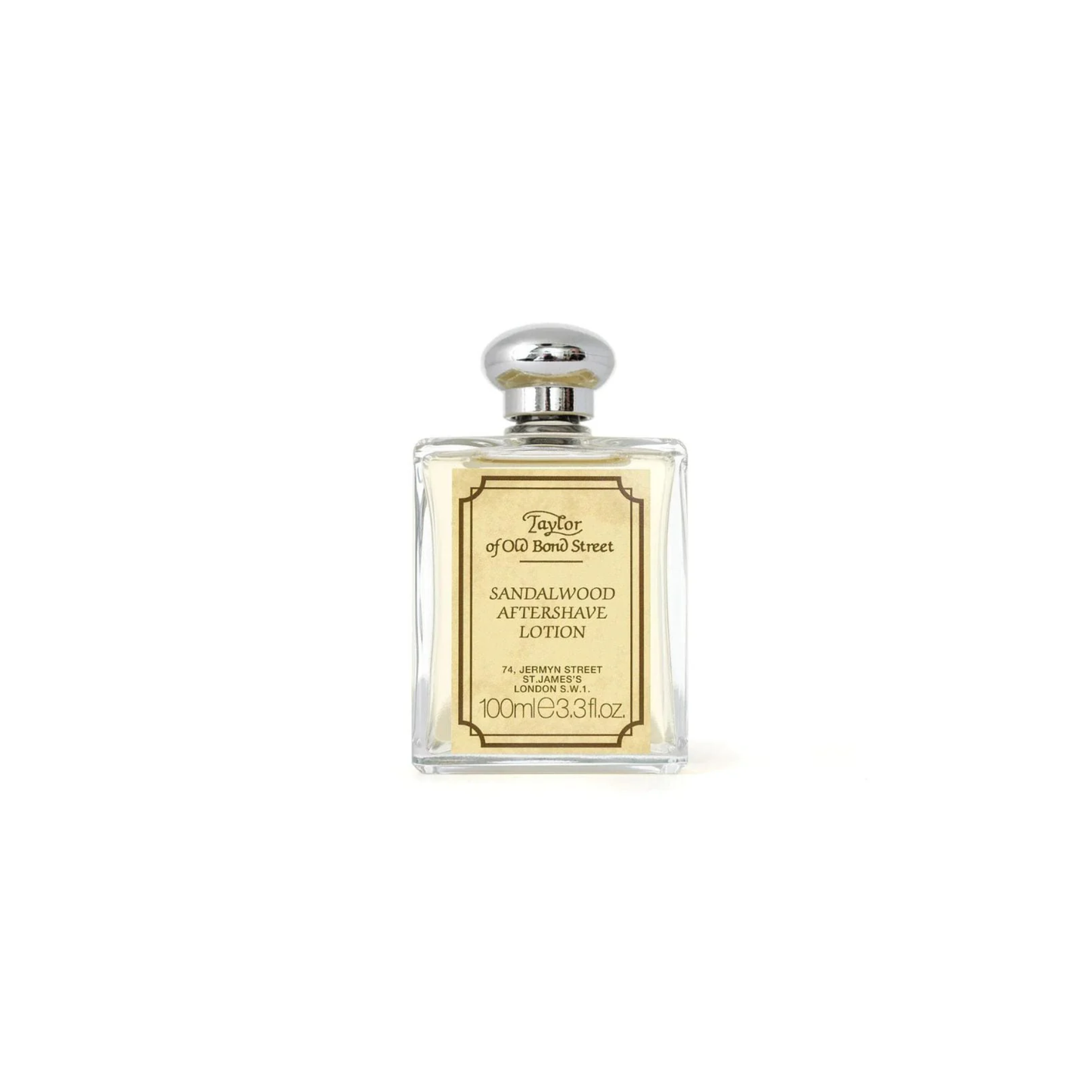 Bottle of Taylor of Old Bond Street Sandalwood Aftershave Lotion 100ml - Classic Men's Aftershave Lotion in Glass Bottle - Warm, Woody Sandalwood Scent with Notes of Lavender, Amber, and Patchouli - Alcohol-Based Formula that Soothes and Reduces Irritation - Made in the UK