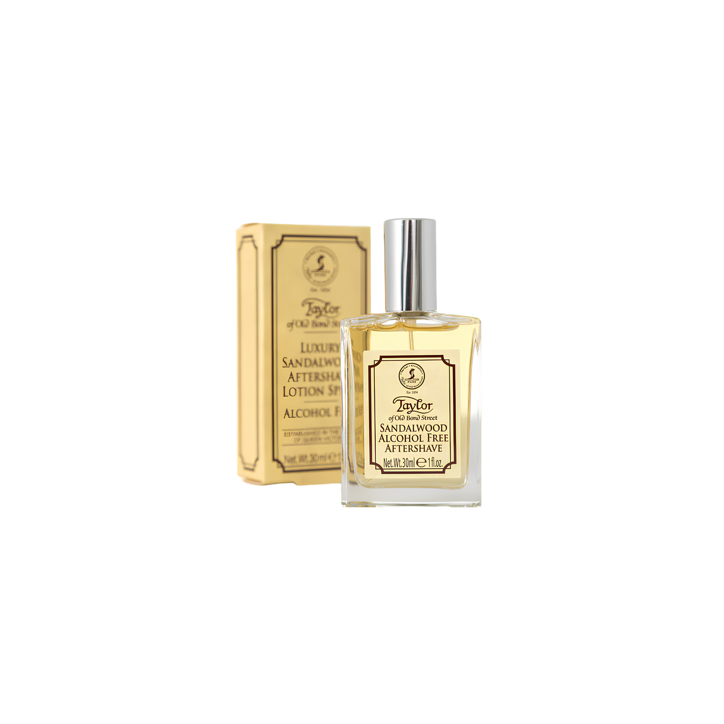 Front view of the box and the Taylor of Old Bond Street Gentlemans Aftershave Lotion 30ml Sandalwood is alcohol free with spray top, ideal for travel.