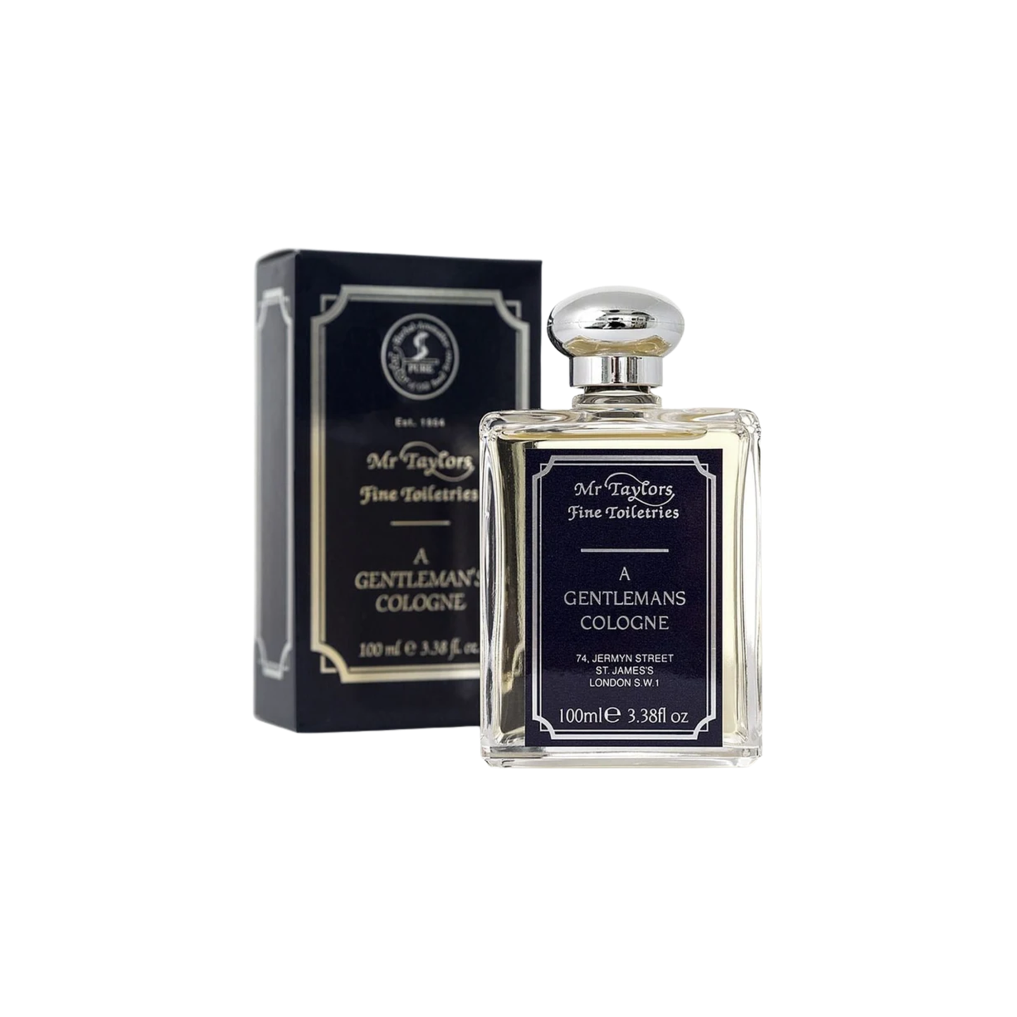 Front view of the box and bottle for Taylor of Old Bond Street Luxury Cologne 100ml Mr Taylor with atomizer.