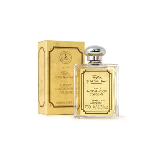 With its packaging Taylor of Old Bond Street Sandalwood Cologne 100ml - Men's Classic Cologne in Glass Bottle - Rich and Masculine Sandalwood Fragrance with Notes of Lavender, Amber, and Patchouli - Long-Lasting Woody Scent for All Occasions - Made in the UK