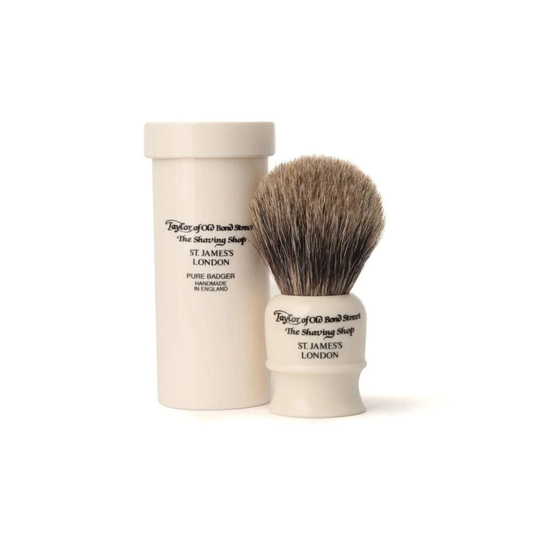Taylor of Old Bond Street Travel Pure Badger Shaving Brush with Imitation Ivory Handle and Protective Case - Compact 8.2cm Brush with Ø17mm Knot for Rich Lather and Gentle Lift - Handmade in England, Ideal for Travel Grooming and Close Shave Precision