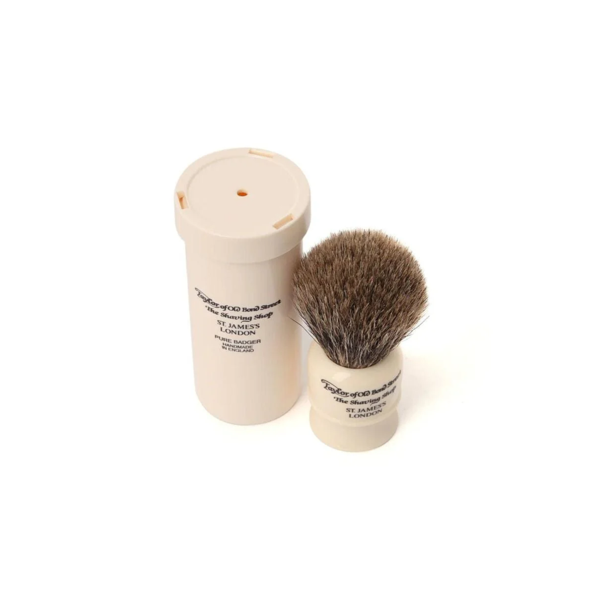 Top view of Taylor of Old Bond Street Travel Pure Badger Shaving Brush with Imitation Ivory Handle and Protective Case - Compact 8.2cm Brush with Ø17mm Knot for Rich Lather and Gentle Lift - Handmade in England, Ideal for Travel Grooming and Close Shave Precision
