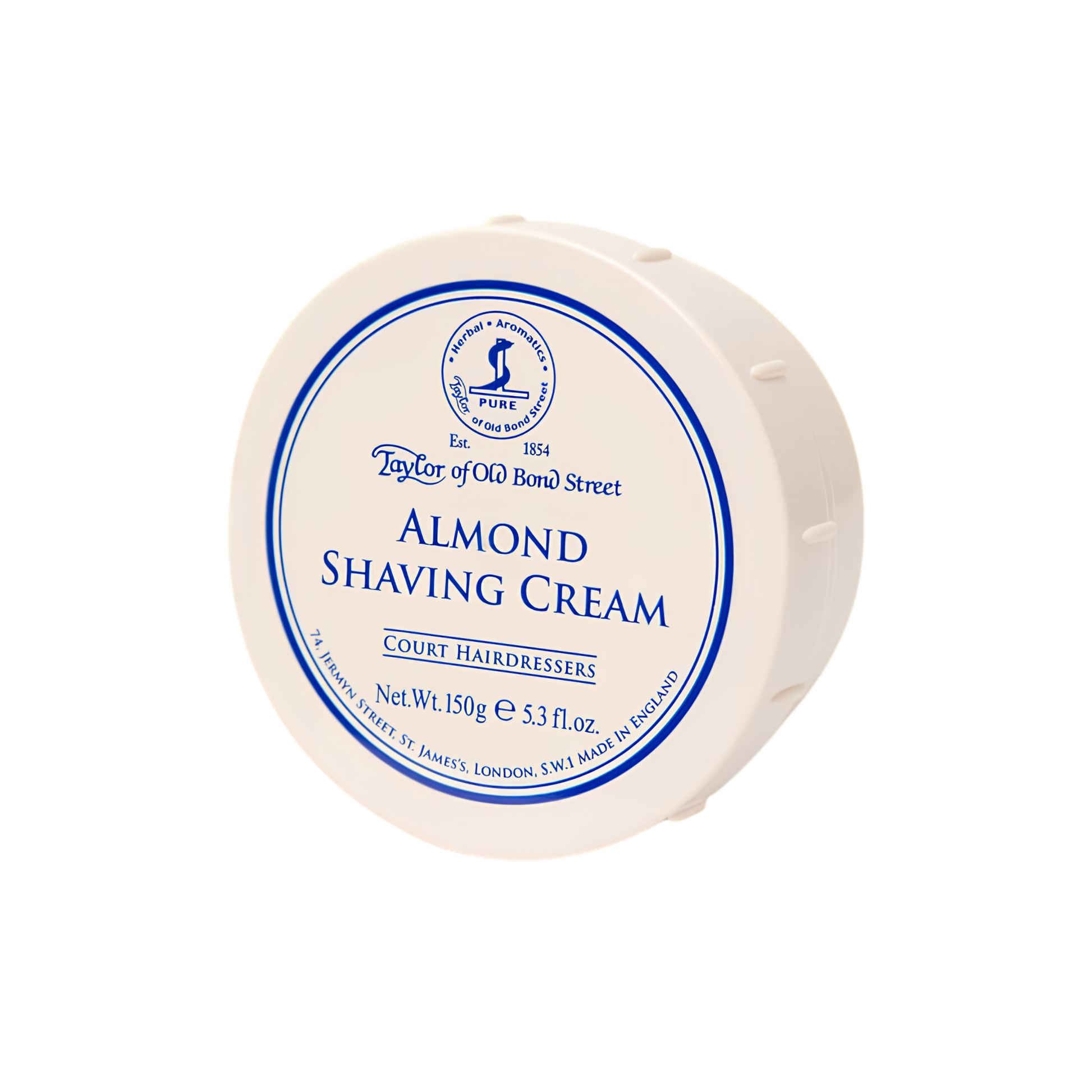 Semi side view of the Taylor of Old Bond Street Shaving Cream Bowl 150g Almond sweetly scented, smooth and creamy lather for a better shave.