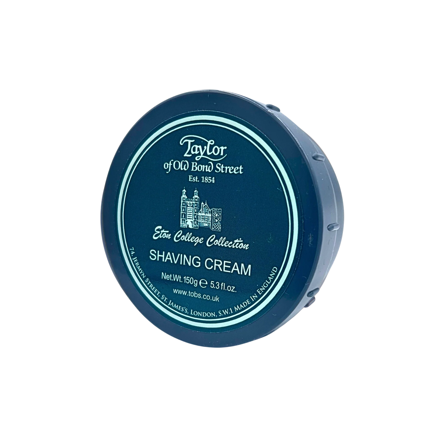 Semi side view of the Taylor of Old Bond Street Eton College Shaving Cream Bowl, 150g, with a classic barbershop-inspired design.