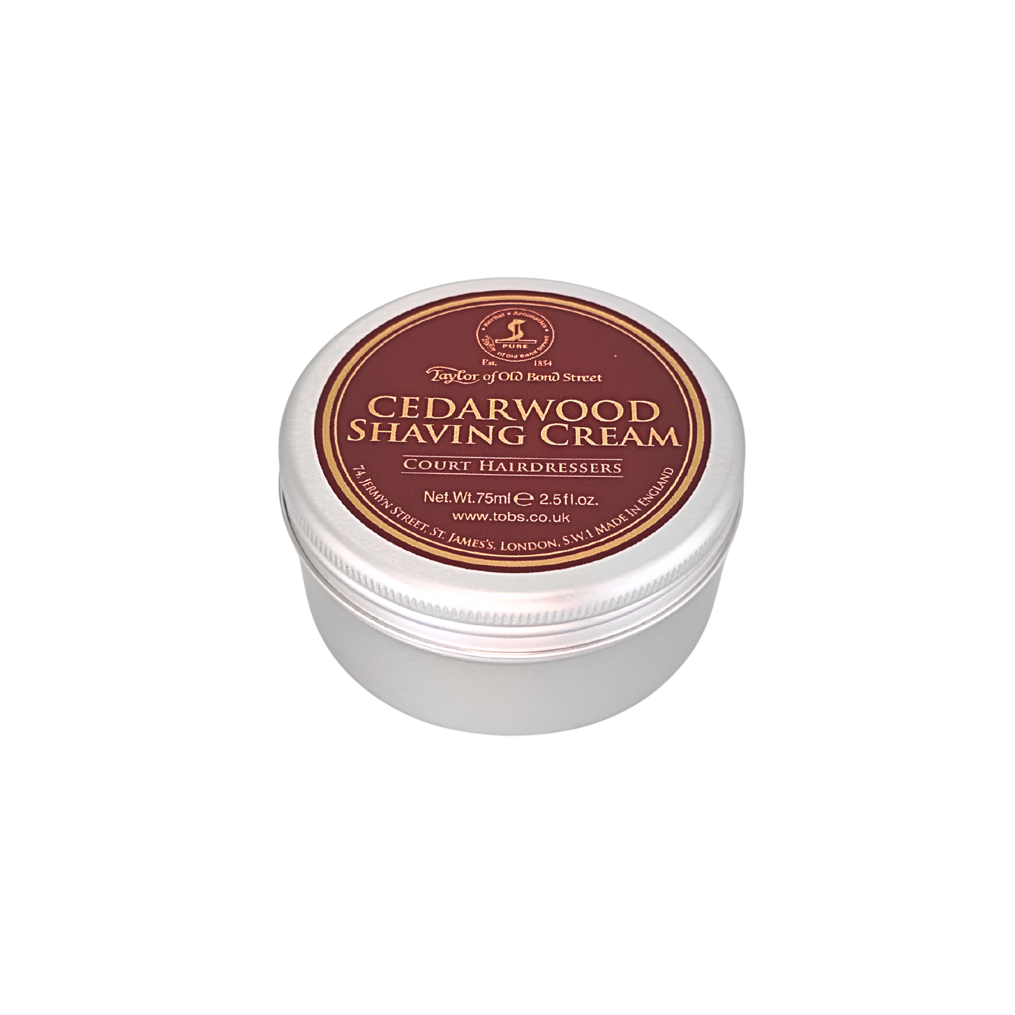 Semi top view of the Taylor of Old Bond Street Shaving Cream Bowl 75g Cedarwood scent for deep and masculine fragrance.