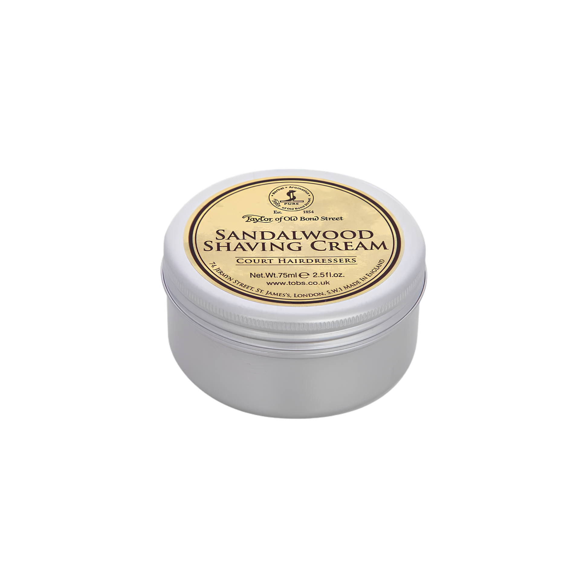 Semi top view of the Taylor of Old Bond Street Shaving Cream Bowl 75g Sandalwood smooth and creamy lather, ideal for travel