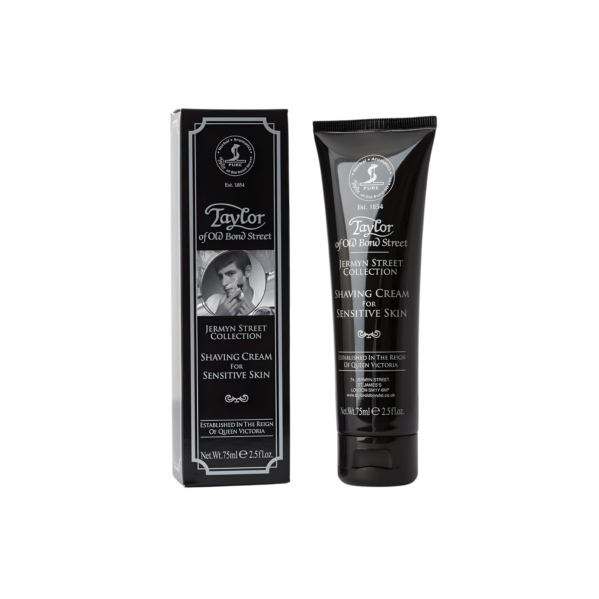 Front view Fathom shaving cream tube 75ml Jermyn St, black tube men's shaving cream for sensitive skin with aloe vera, rich lather and fresh fougere fragrance.