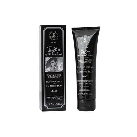 Front view Fathom shaving cream tube 75ml Jermyn St, black tube men's shaving cream for sensitive skin with aloe vera, rich lather and fresh fougere fragrance.