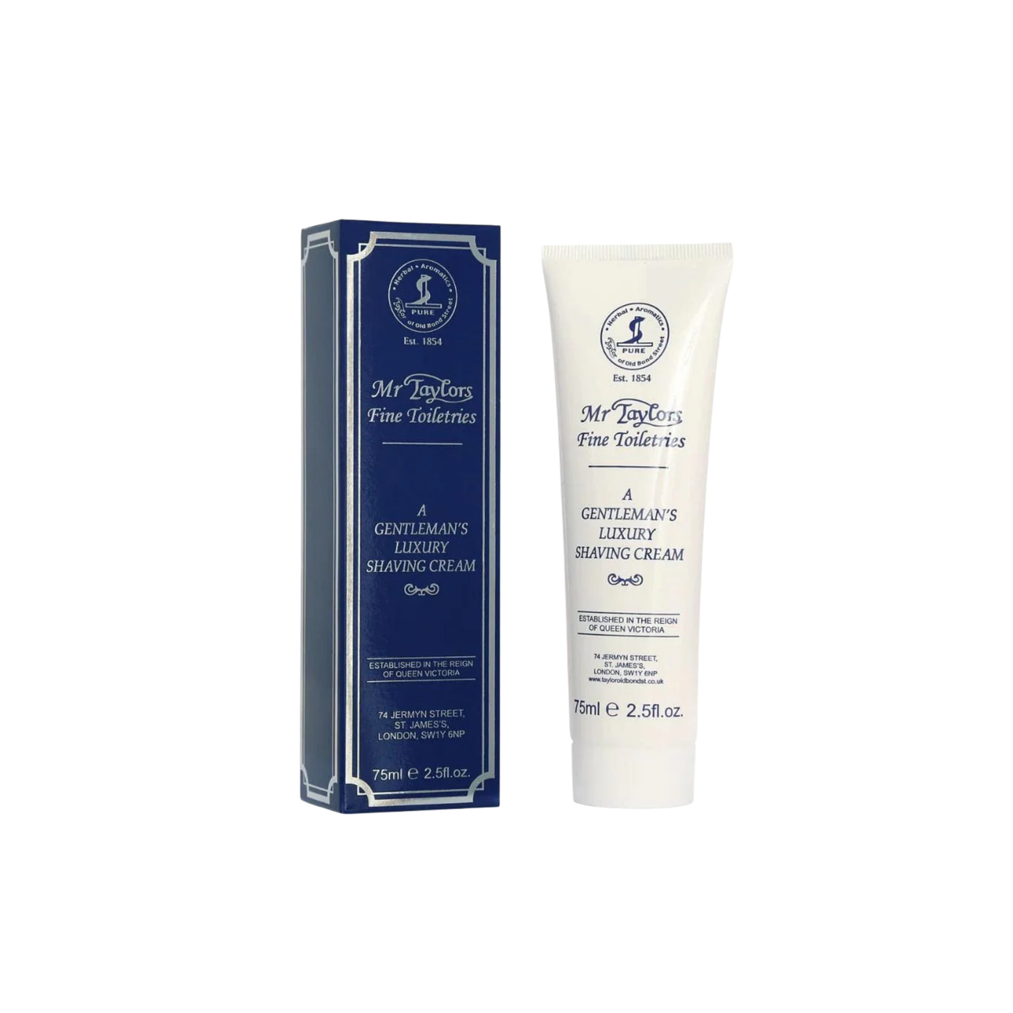 Mr Taylor shaving cream tube 75ml next to packaging box 