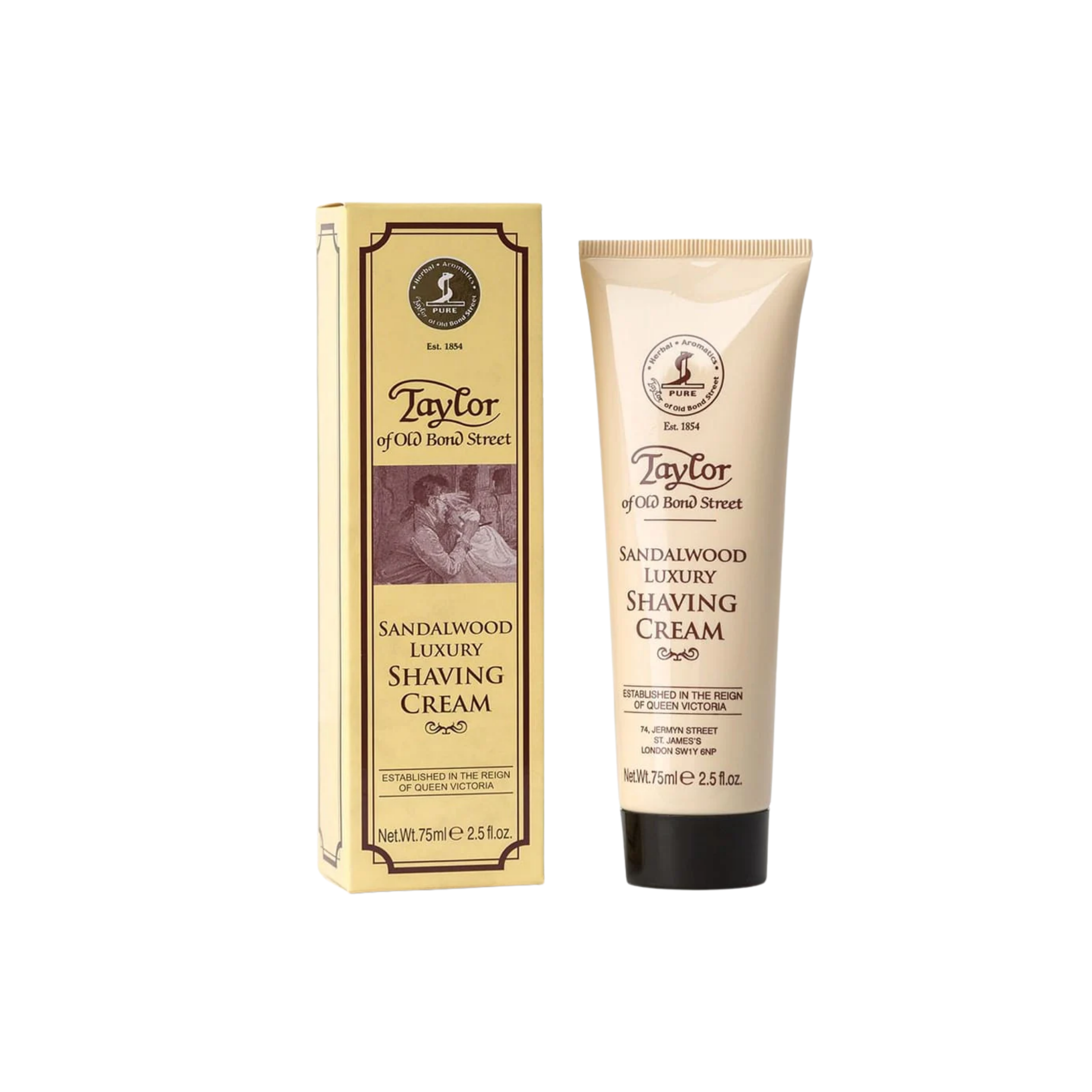 Sandalwood shaving cream tube 75ml next to packaging box 
