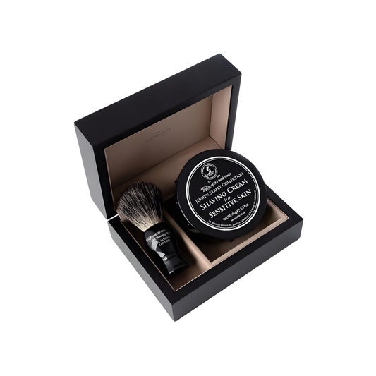 Open Fathom wooden gift box set with Jermyn Street shaving cream bowl and black pure badger shaving brush, luxury men's shaving set in elegant wooden box, perfect for gifting.