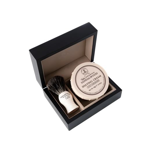 Open Fathom wooden gift box set showing the Sandalwood shaving cream bowl and pure badger brush with ivory handle, luxury men's shaving set featuring classic sandalwood fragrance, ideal for gifting.