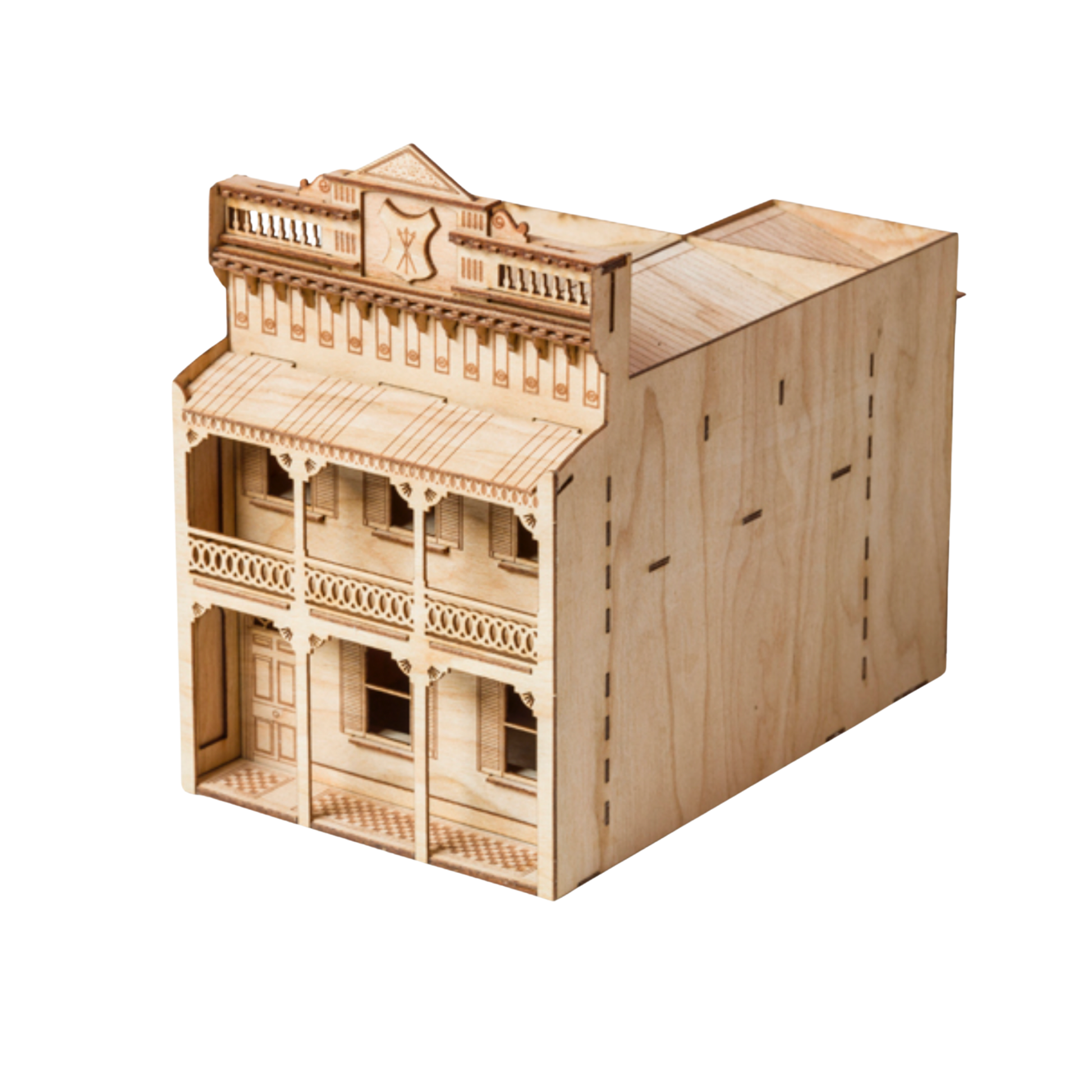 The Little Building Co wooden Model House Richmond Terrace angled top and front and side view 