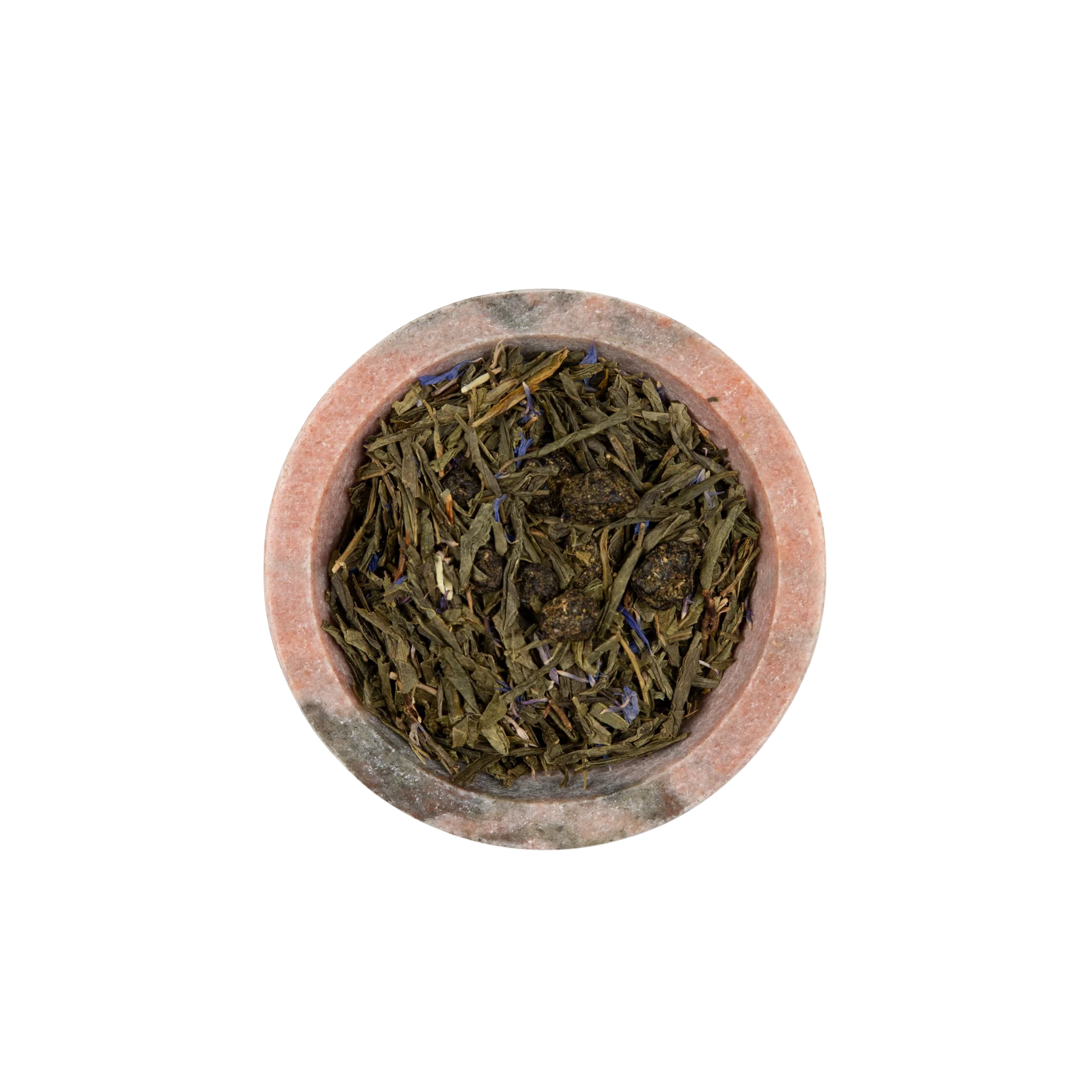 The Tea Collective loose leaf blueberry sencha tea in bowl top view