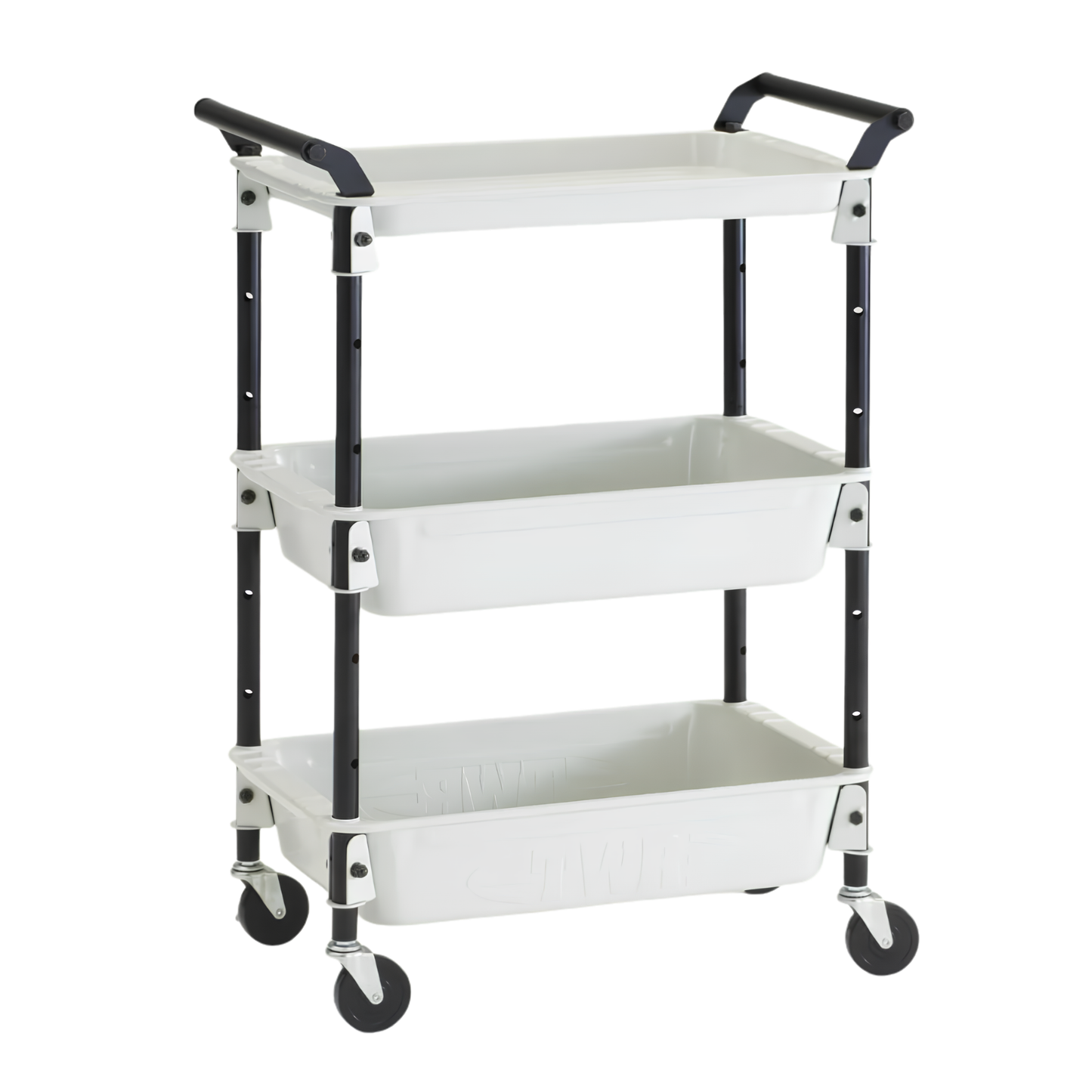 Showing three trays assembled from Toyo Tool Wagon 3 Level White 80 cm tall, with smooth and rounded edges, seamless design, from one-piece press construction that has compartments for small and large items.