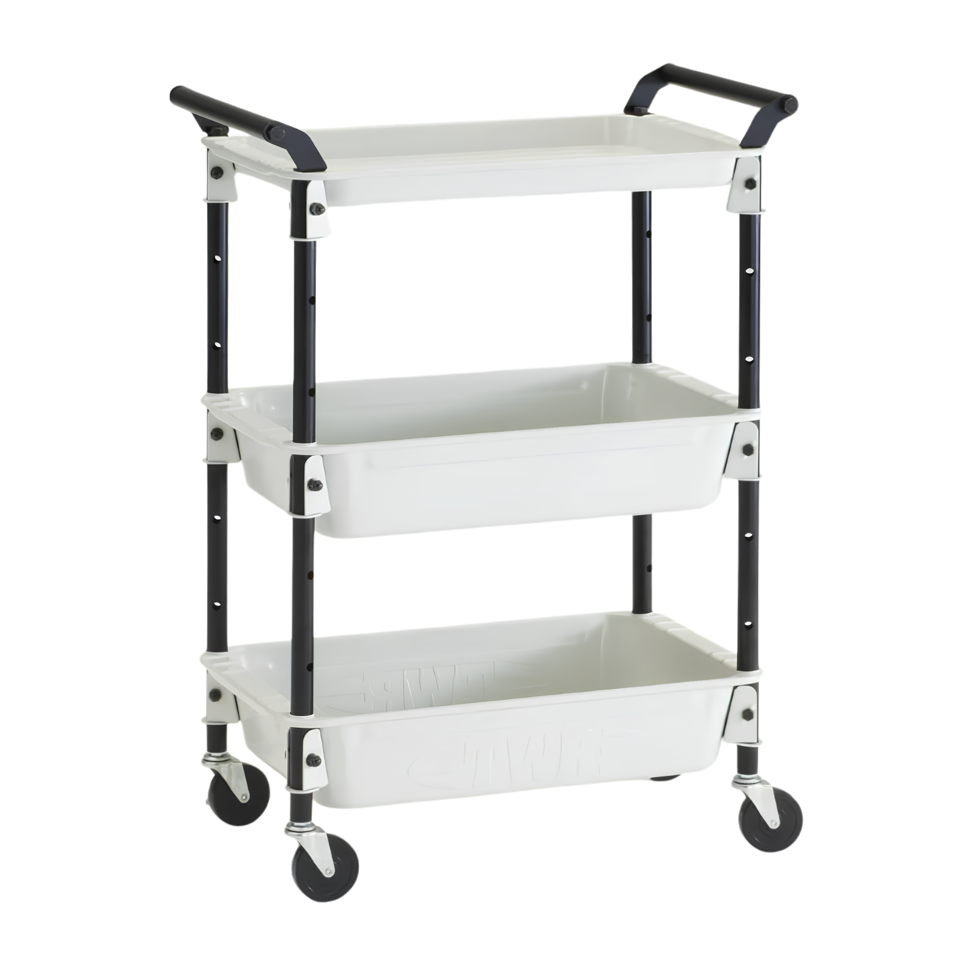 Showing three trays assembled from Toyo Tool Wagon 3 Level White 80 cm tall, with smooth and rounded edges, seamless design, from one-piece press construction that has compartments for small and large items.