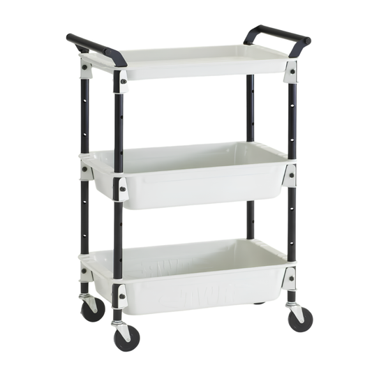 Showing three trays assembled from Toyo Tool Wagon 3 Level White 80 cm tall, with smooth and rounded edges, seamless design, from one-piece press construction that has compartments for small and large items.