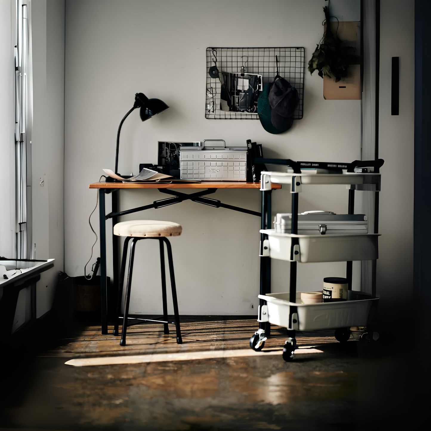 Shown in the working area, the Toyo Tool Wagon 3 Level White 80 cm tall, with smooth and rounded edges, seamless design, from one-piece press construction that has compartments for small and large items.