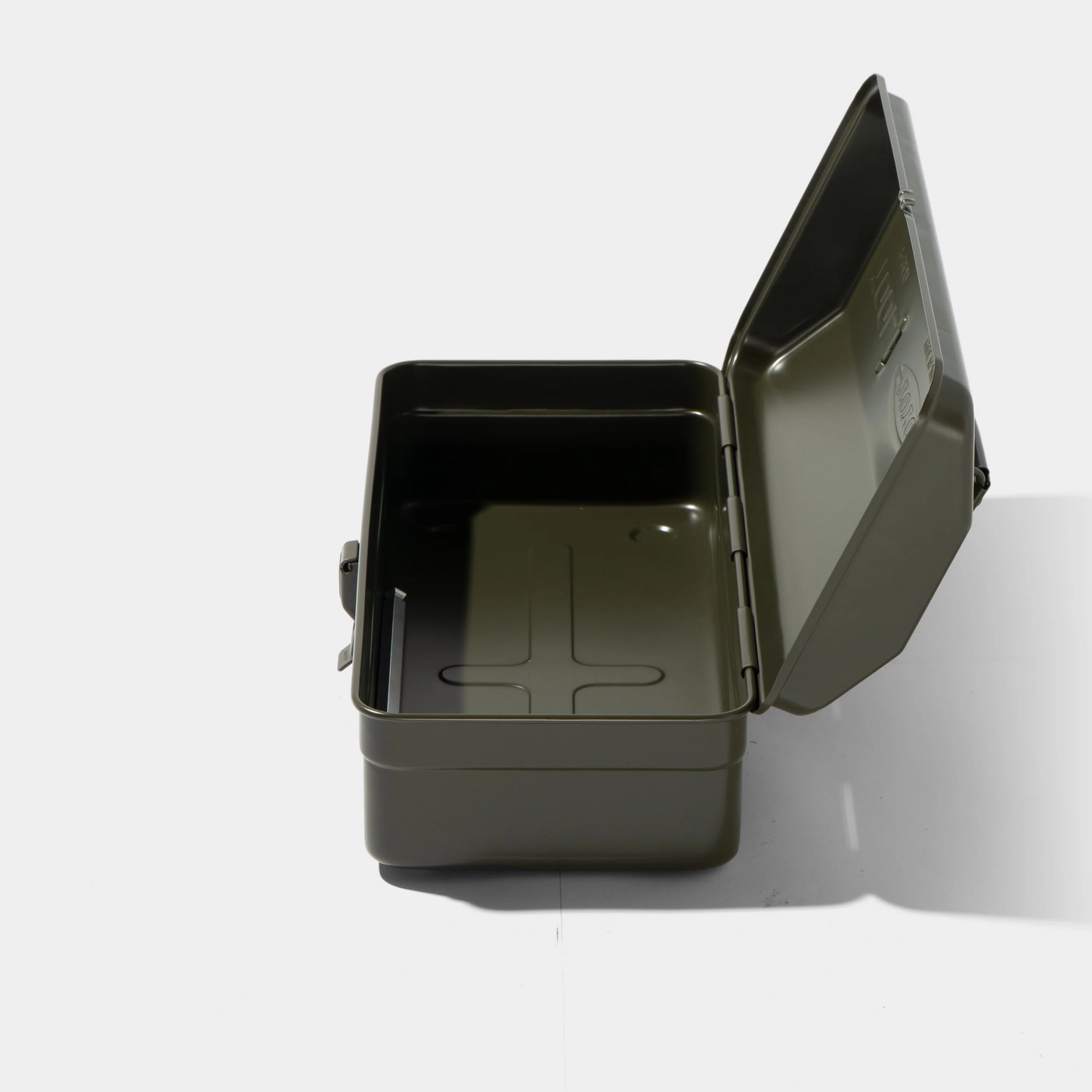 Side view and open Toyo Toolbox Camber Top Y-350 Matte Moss Green which is from pressed steel, combines with ample storage capacity and sleek stylish look.