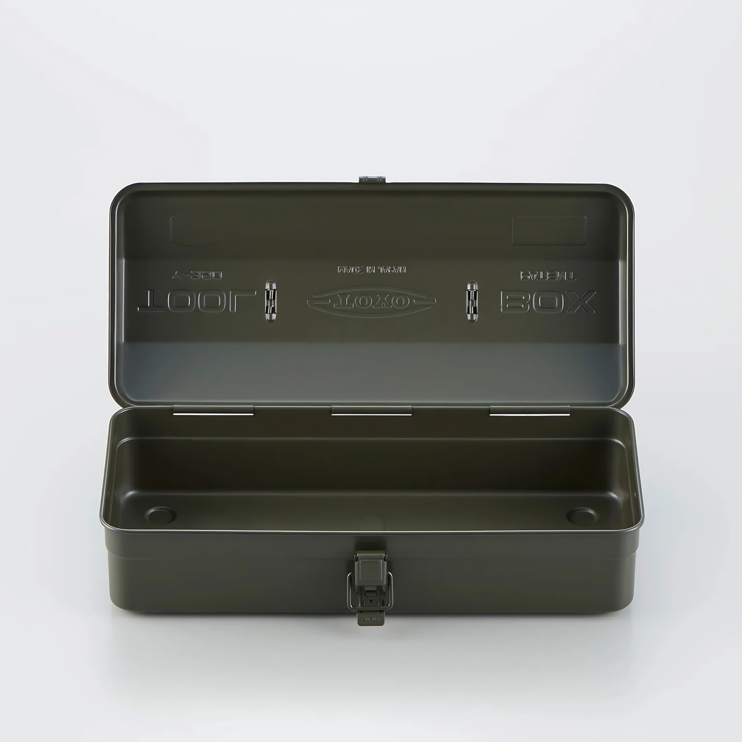 Open and front view of the Toyo Toolbox Camber Top Y-350 Matte Moss Green which is from pressed steel, combines with ample storage capacity and sleek stylish look.