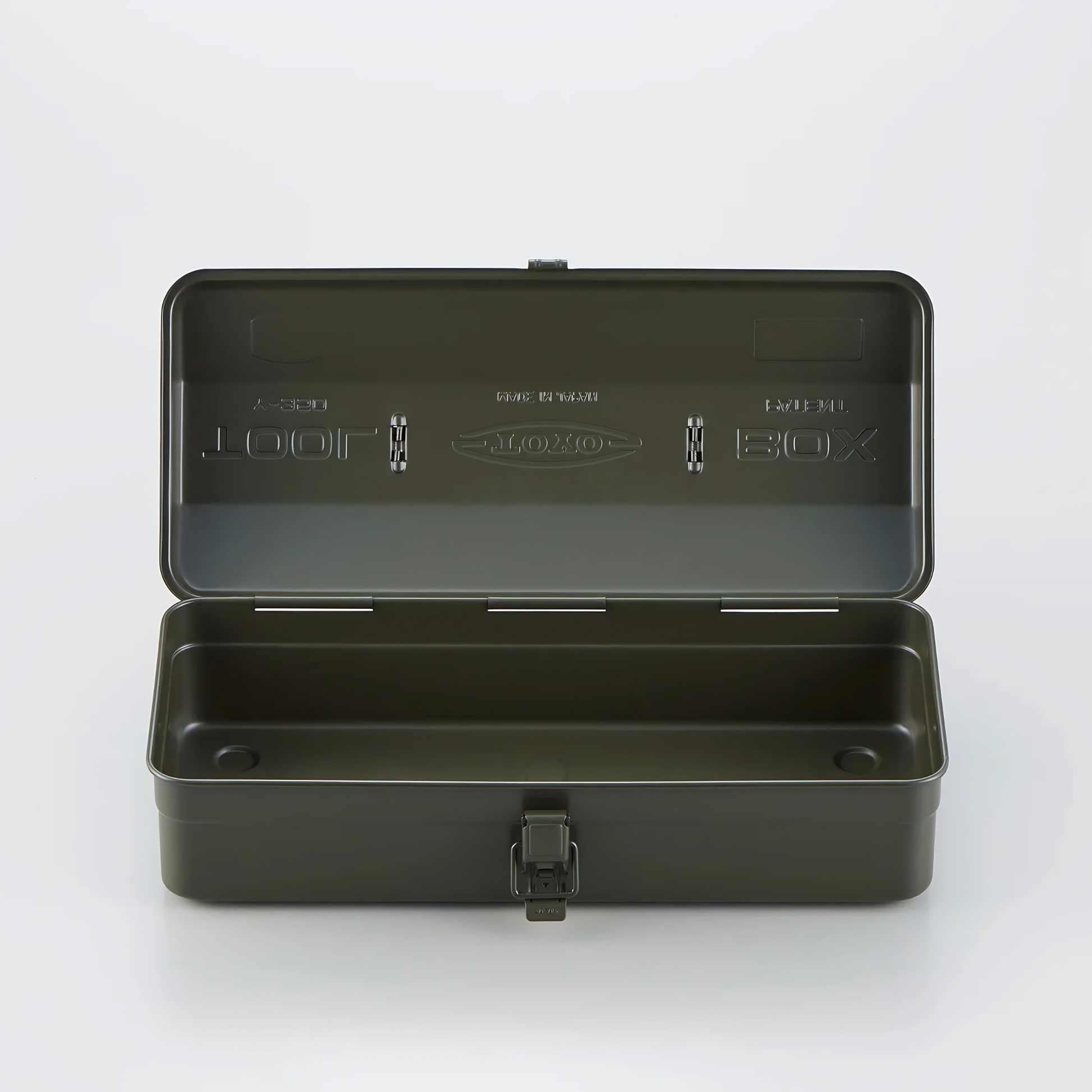 Open and front view of the Toyo Toolbox Camber Top Y-350 Matte Moss Green which is from pressed steel, combines with ample storage capacity and sleek stylish look.