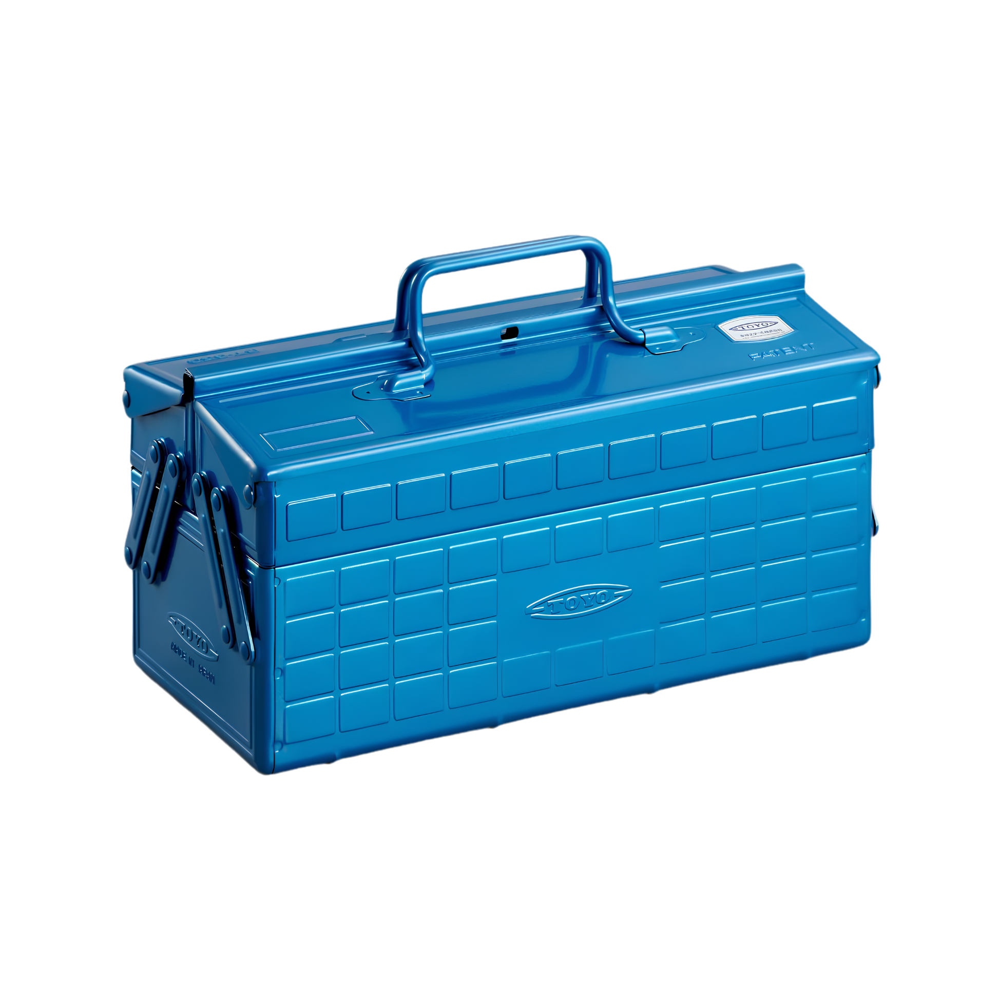 Semi side view of the Toyo Toolbox Cantilever ST-350 Blue Steel Glossy with superior storage capacity and sleek stylish design, featuring double handle and two level layout and 8 removable tray dividers.