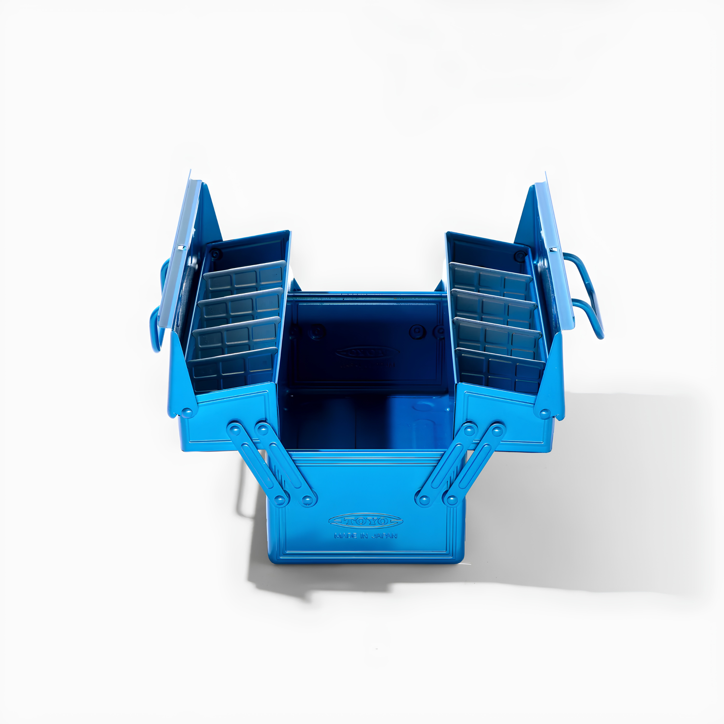 Open Toyo Toolbox Cantilever ST-350 Blue Steel Glossy with superior storage capacity and sleek stylish design, featuring double handle and two level layout and 8 removable tray dividers.