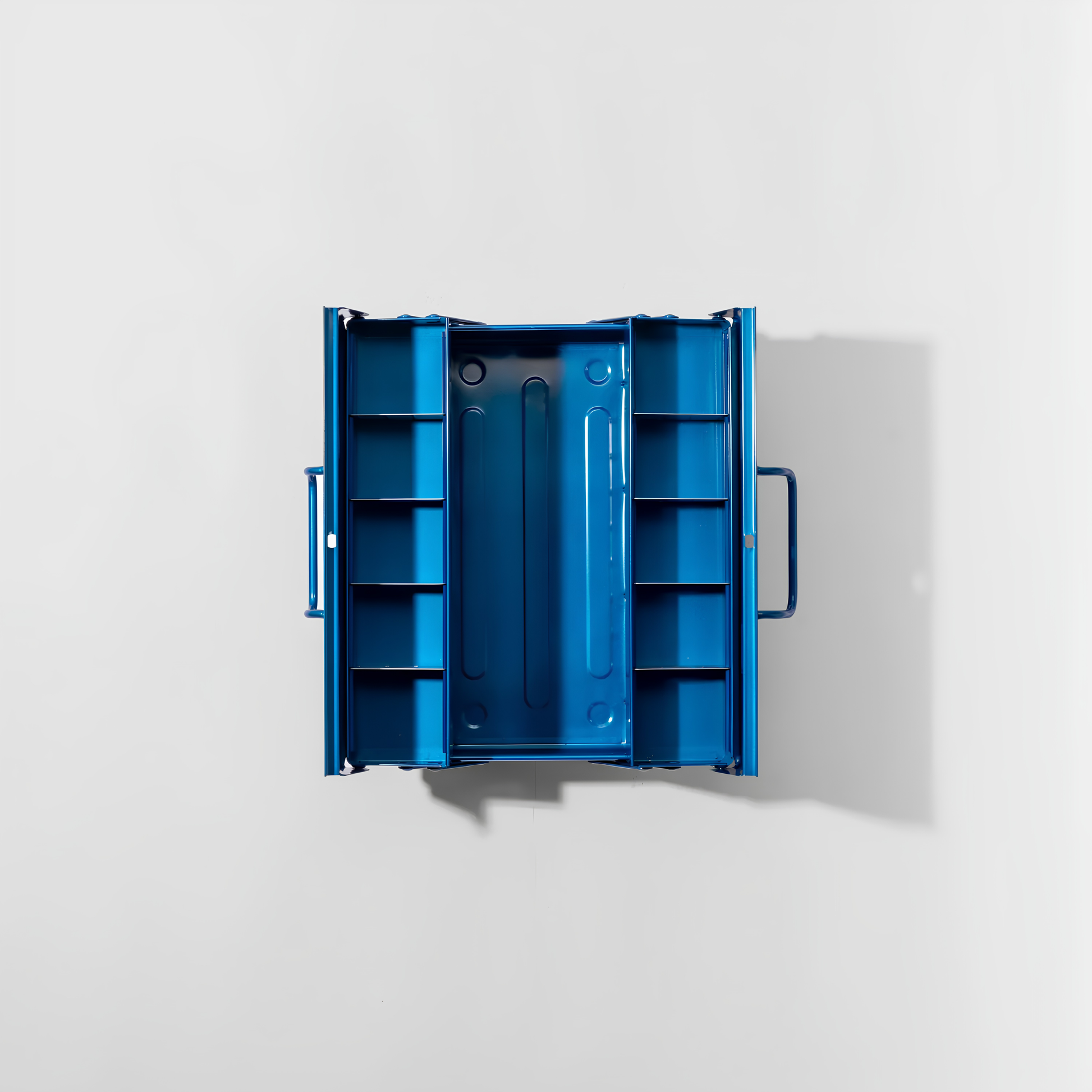 Top view of the open Toyo Toolbox Cantilever ST-350 Blue Steel Glossy with superior storage capacity and sleek stylish design, featuring double handle and two level layout and 8 removable tray dividers.