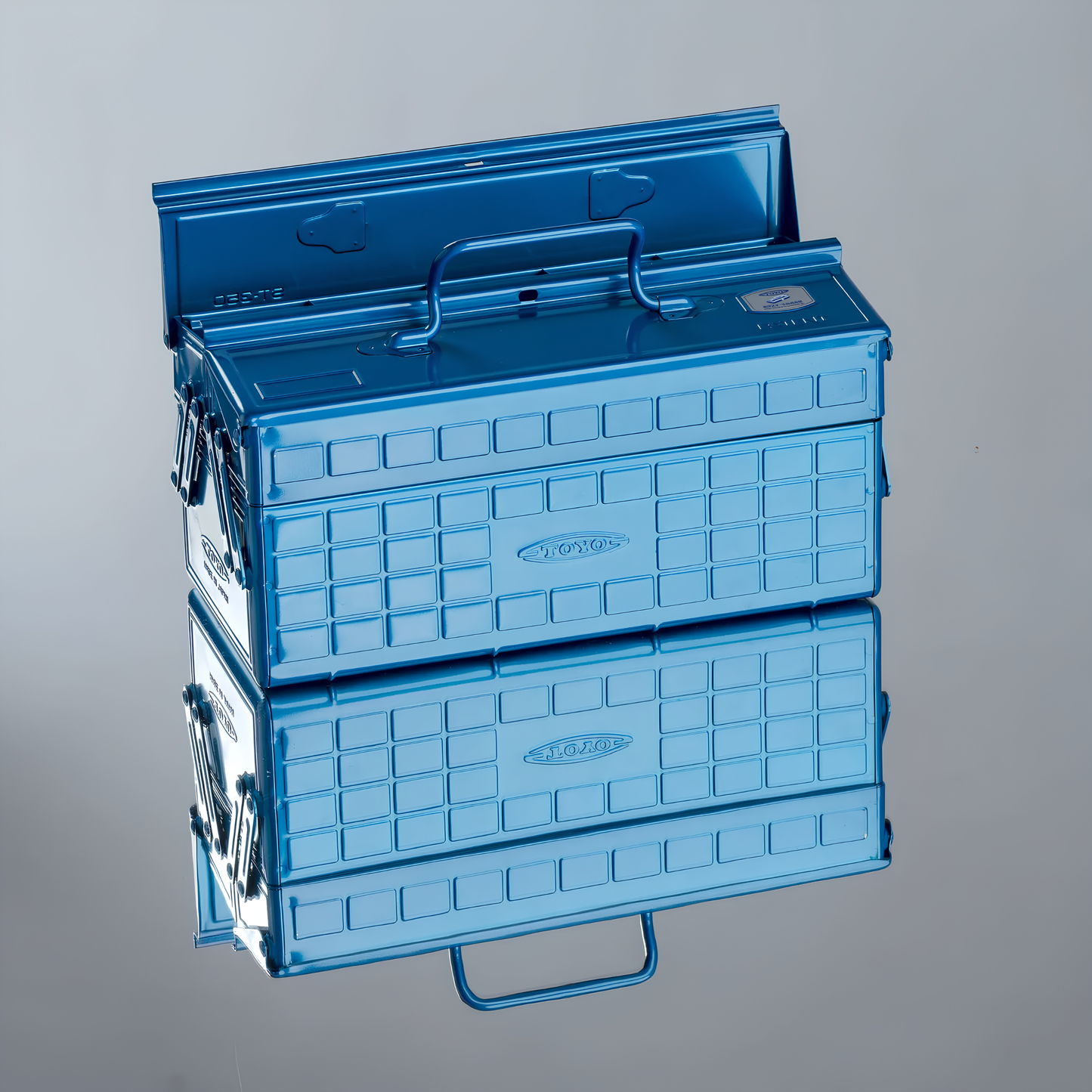 Side view with one side open Toyo Toolbox Cantilever ST-350 Blue Steel Glossy with superior storage capacity and sleek stylish design, featuring double handle and two level layout and 8 removable tray dividers.