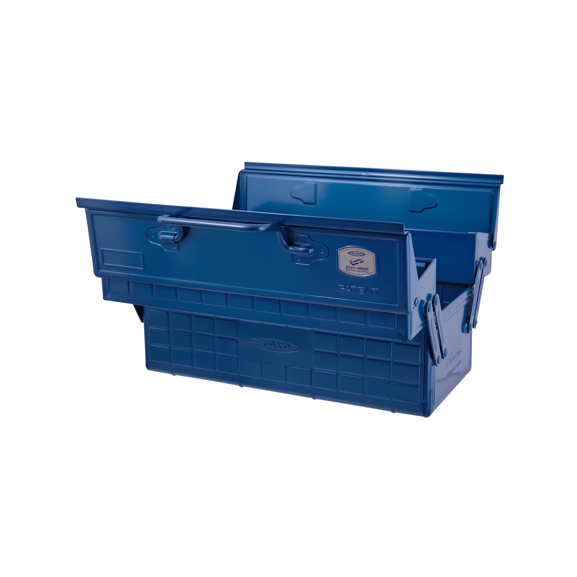 Side view of the open Toyo Toolbox Cantilever ST-350 Blue Steel Glossy with superior storage capacity and sleek stylish design, featuring double handle and two level layout and 8 removable tray dividers.