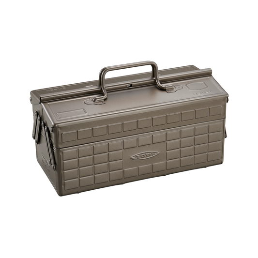 Semi top view of the Toyo Toolbox Cantilever ST-350 Titanium crafted from pressed steel from a single sheet with sleek and stylish design, dual handle two tier design