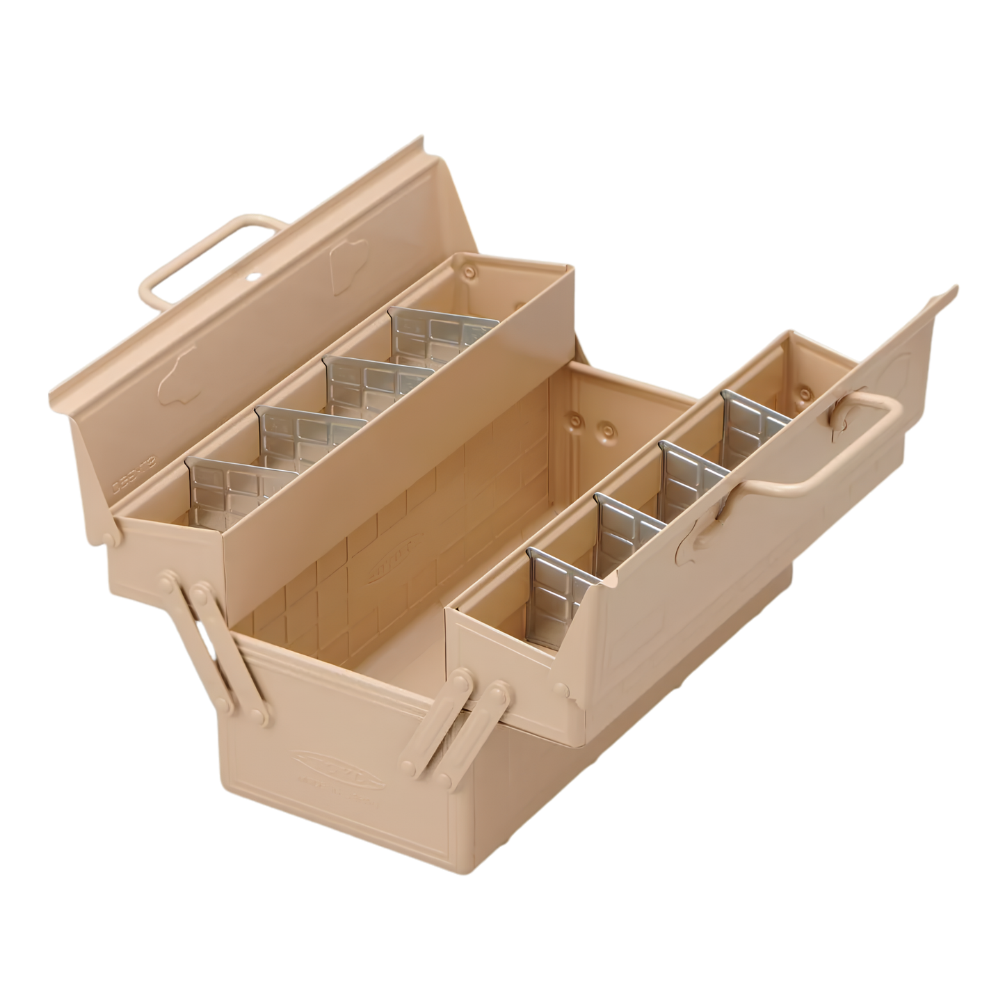 Toyo Toolbox Cantilever ST-350 Beige crafted from pressed steel from a single sheet with sleek and stylish design, dual handle two tier design, comes with 8 removable tray dividers.