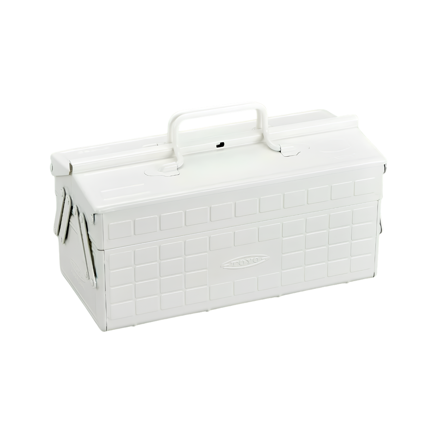 Side view of the Toyo Toolbox Cantilever ST-350 White Steel Matte with superior storage capacity and sleek stylish design, featuring double handle and two level layout and 8 removable tray dividers.
