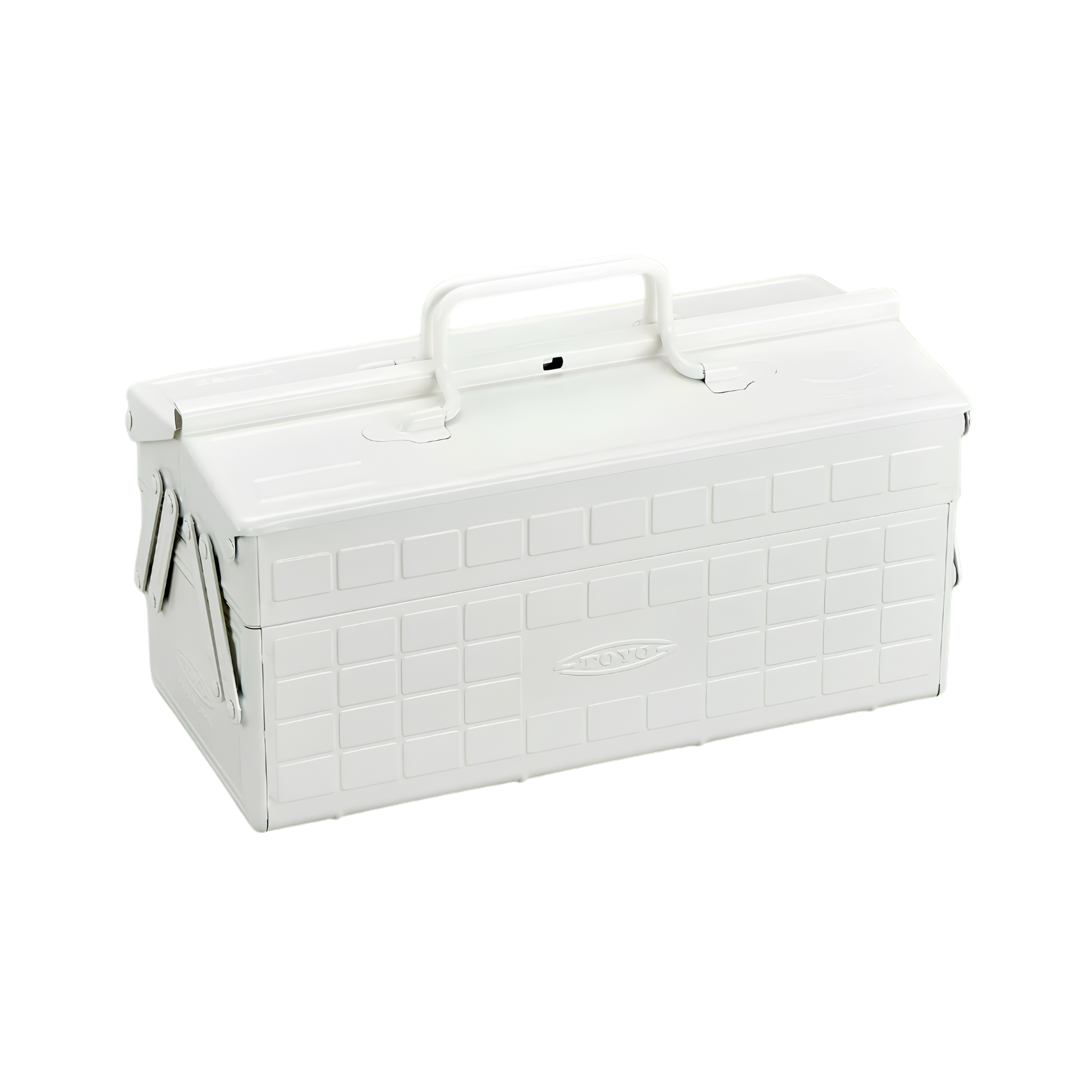 Side view of the Toyo Toolbox Cantilever ST-350 White Steel Matte with superior storage capacity and sleek stylish design, featuring double handle and two level layout and 8 removable tray dividers.