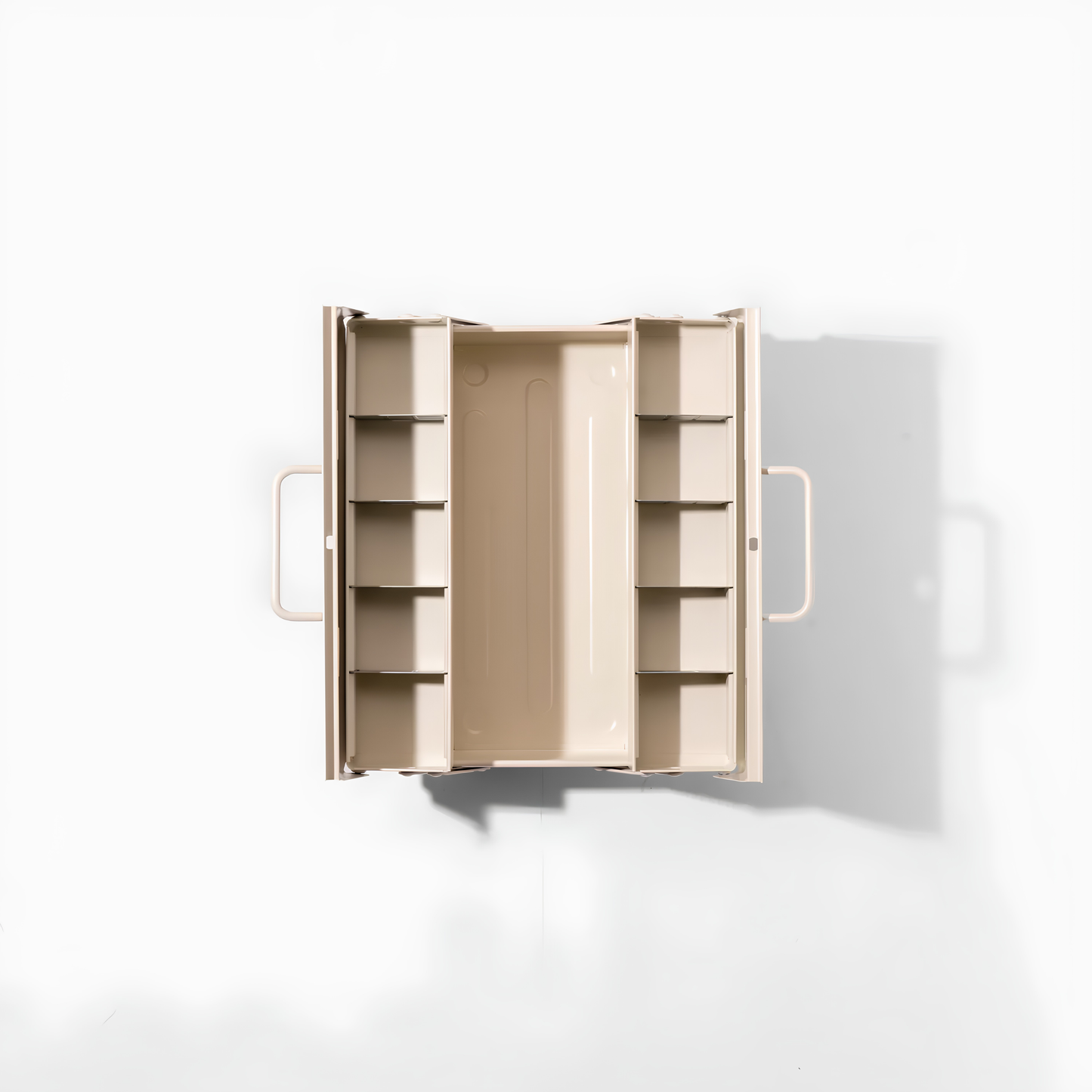 Top view of the two side open Toyo Toolbox Cantilever ST-350 White Steel Matte with superior storage capacity and sleek stylish design, featuring double handle and two level layout and 8 removable tray dividers.