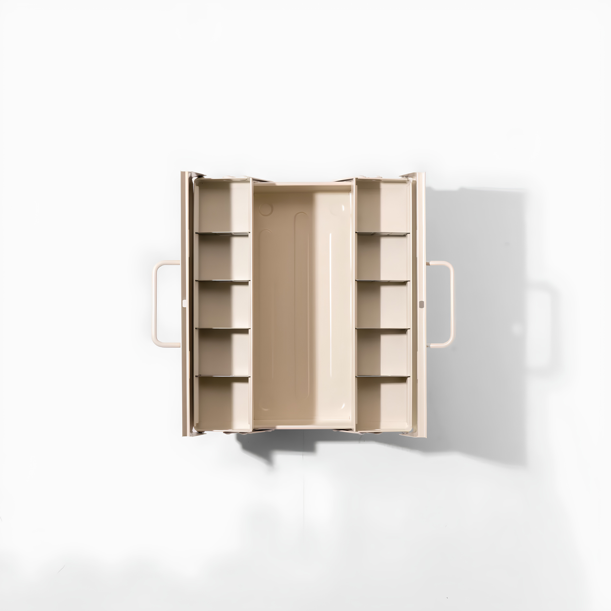 Top view of the two side open Toyo Toolbox Cantilever ST-350 White Steel Matte with superior storage capacity and sleek stylish design, featuring double handle and two level layout and 8 removable tray dividers.