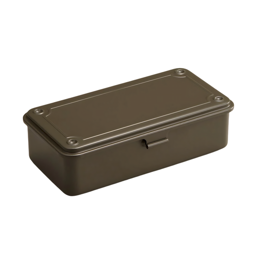 Closed Toyo Toolbox Trunk Shape T-190 Moss Green from pressed steel, palm size design and has matte texture as general storage box