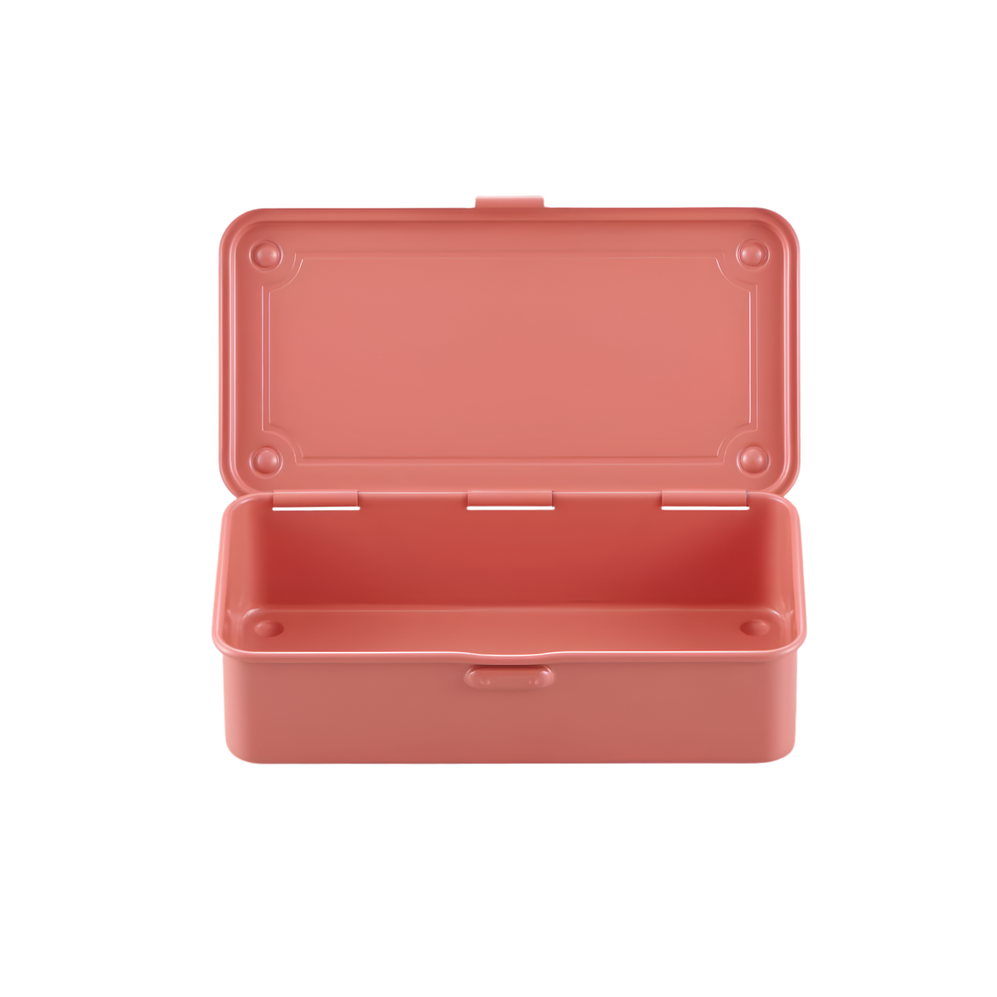 Pink open and empty Toyo Toolbox Trunk Shape T-190 showing the inside, made from pressed steel, palm size design and has matte texture as general storage box