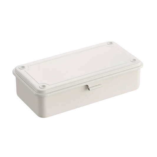 Closed Toyo Toolbox Trunk Shape T-190 White from pressed steel, palm size design and has matte texture as general storage box