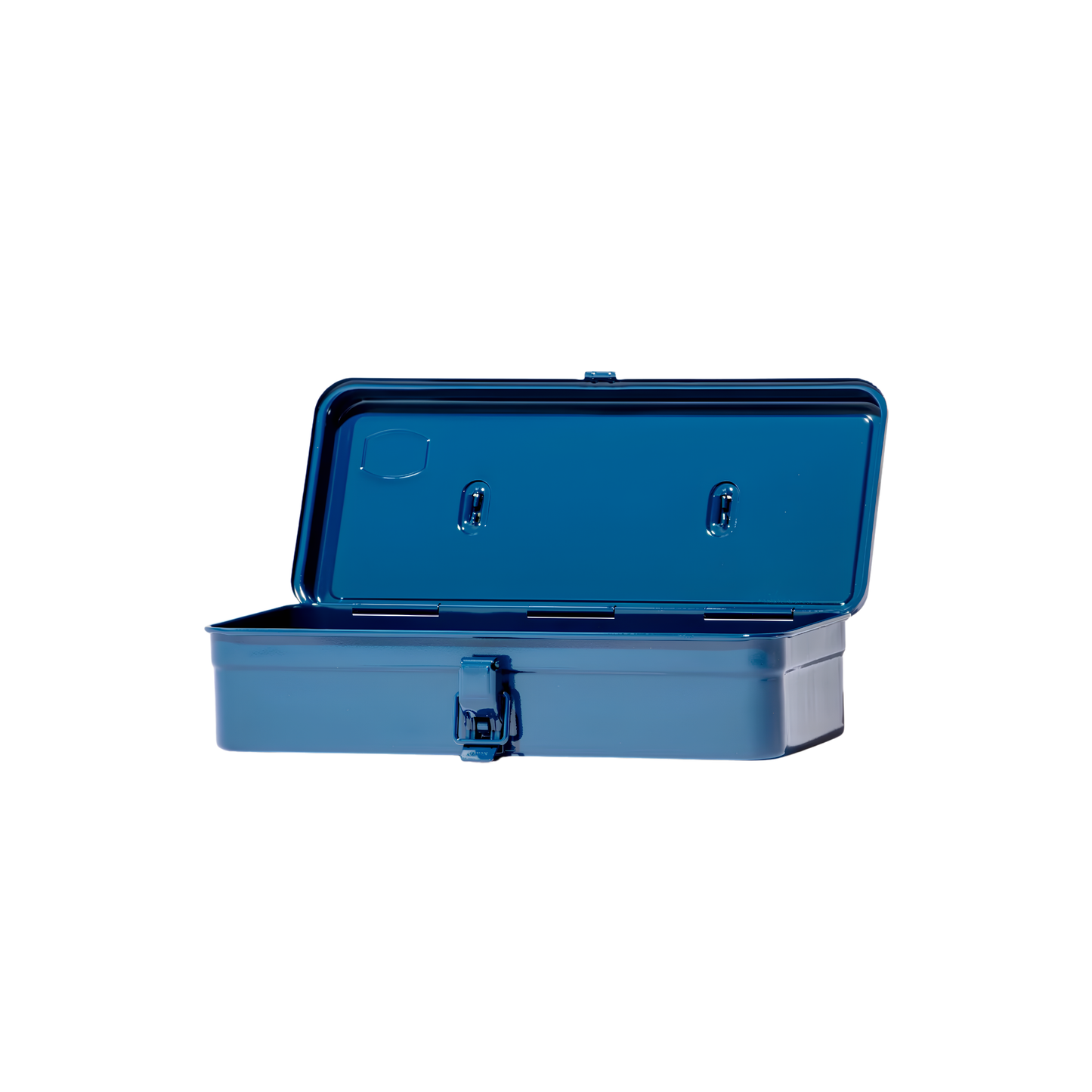 Open and front view of the empty Toyo Toolbox Trunk Shape T-320 Blue with ample storage capacity and sleek stylish look.