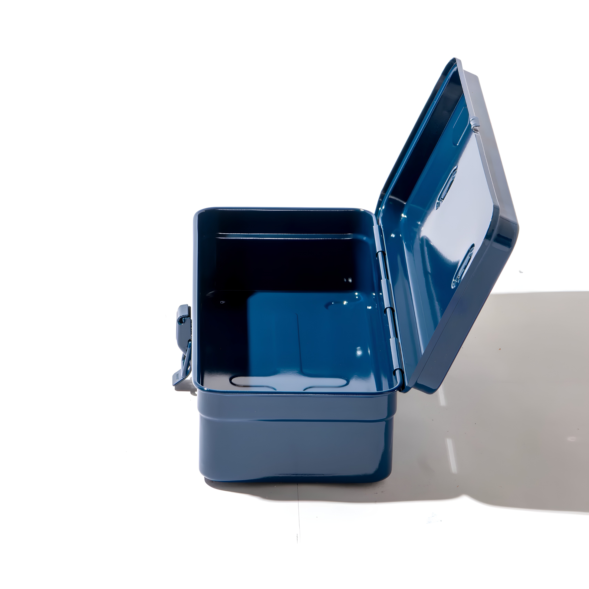 Open and side view of the empty Toyo Toolbox Trunk Shape T-320 Blue with ample storage capacity and sleek stylish look.