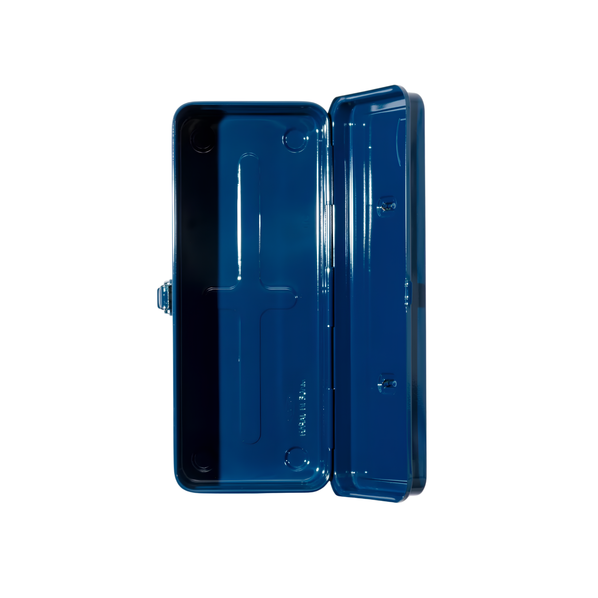 Open and top view of the empty Toyo Toolbox Trunk Shape T-320 Blue with ample storage capacity and sleek stylish look.